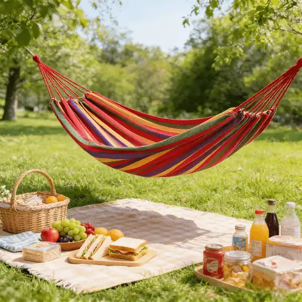 Rede de Descanso para Viagem e Camping ─ Lona Espessa Antitombo | Algodão com Listras Coloridas 🌈 - Image 4