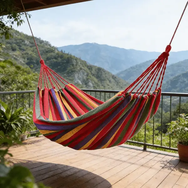 Rede de Descanso para Viagem e Camping ─ Lona Espessa Antitombo | Algodão com Listras Coloridas 🌈 - Image 5