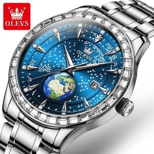 Relógio Masculino OLEVS Prateado Luxo – Mostrador Céu Estrelado com Globo 3D e Cristais Baguette