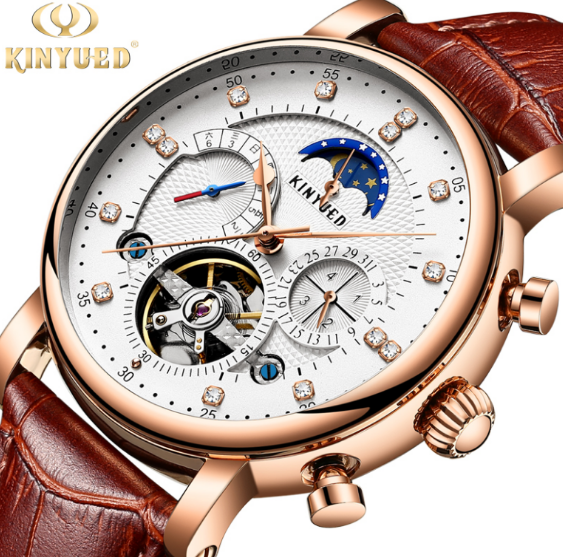 Relógio Masculino KINYUED Automático Rose Gold – Open Heart com Fase da Lua e Pulseira de Couro - Image 4