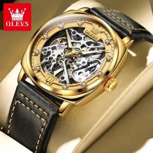 Relógio Masculino OLEVS Automático Esqueleto – Caixa Dourada e Pulseira de Couro Preta