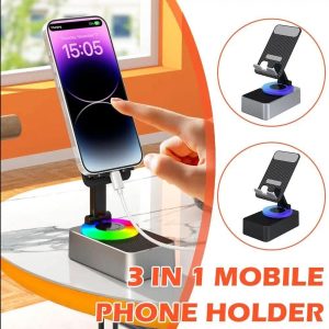 Suporte Multifuncional 3 em 1 para Telemóvel: Coluna Bluetooth + Luz RGB + Suporte Articulado