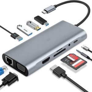 📦 USB-C Multiportas 11 em 1 – Adaptador HDMI 4K, VGA, Rede 100Mbps e Carregamento PD 100W