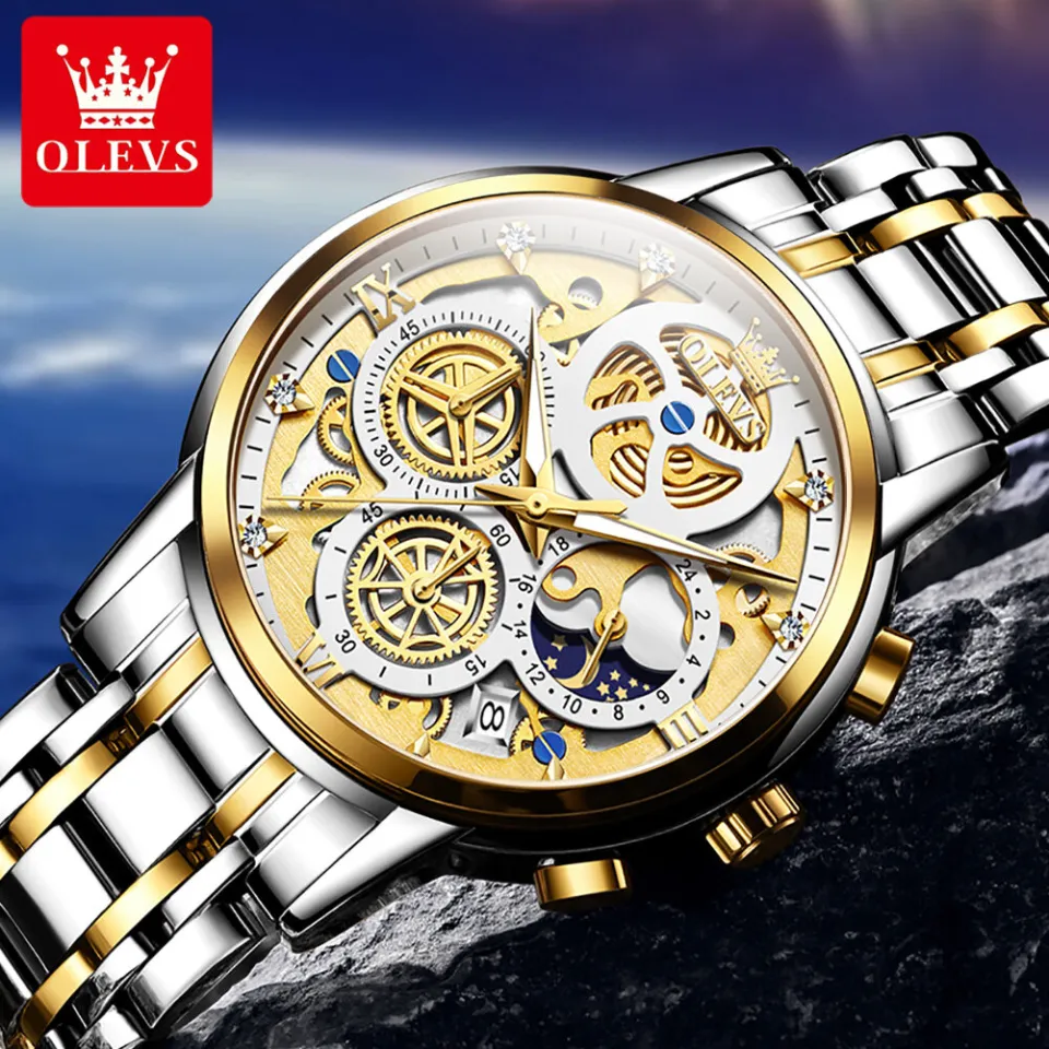 Masculino OLEVS Luxo Bicolor – Esqueleto Mecânico Multifuncional Prata e Dourado - Image 3