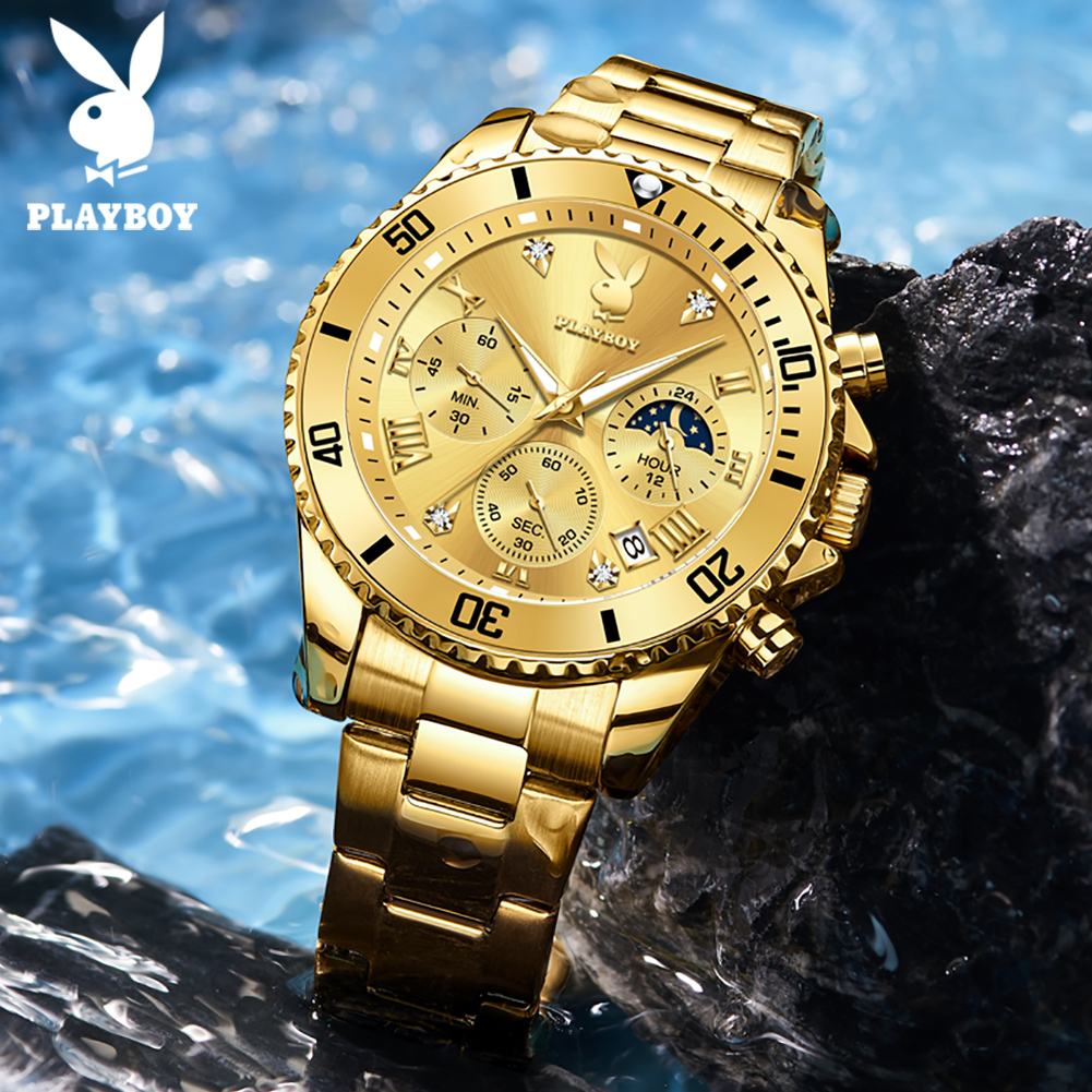 Relógio Masculino Playboy Dourado de Luxo – Cronógrafo Multifuncional com Fase da Lua - Image 3
