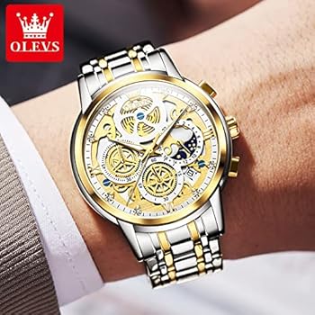 Masculino OLEVS Luxo Bicolor – Esqueleto Mecânico Multifuncional Prata e Dourado - Image 2