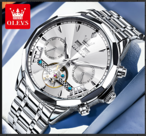 Relógio Masculino OLEVS Automático Prateado – Mecanismo Aparente com Mês, Ano e Calendário