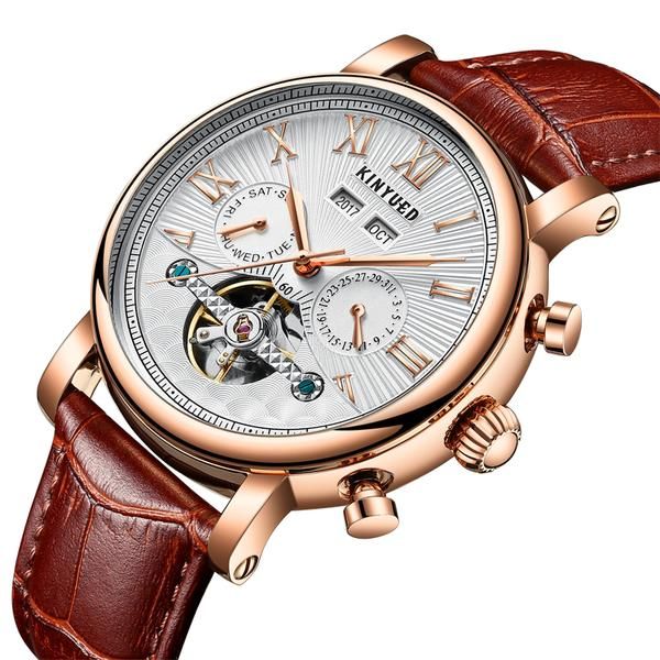 Relógio Masculino KINYUED Automático Rose Gold – Open Heart com Fase da Lua e Pulseira de Couro - Image 2