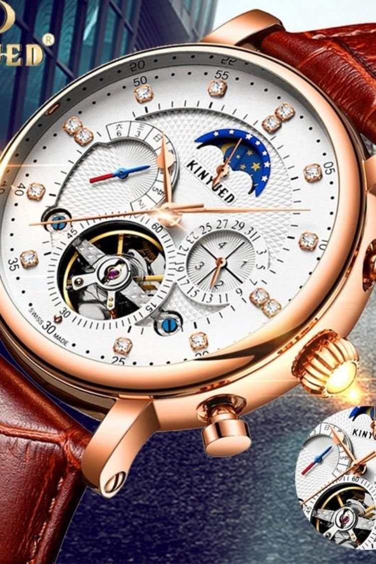 Relógio Masculino KINYUED Automático Rose Gold – Open Heart com Fase da Lua e Pulseira de Couro - Image 3