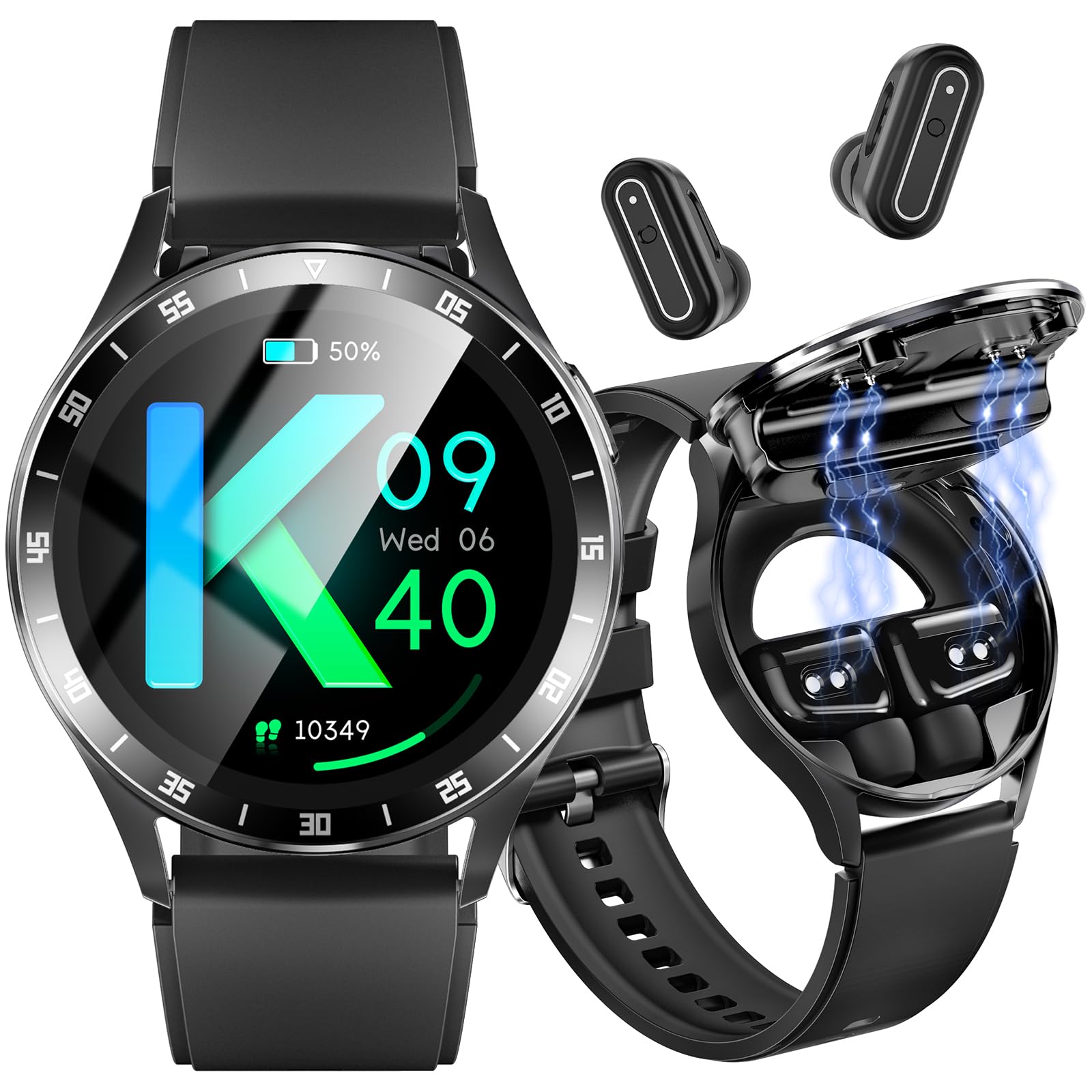 Smartwatch 2 em 1 T90/K9 com Fones de Ouvido TWS Embutidos sob a Tela – Compartimento Magnético