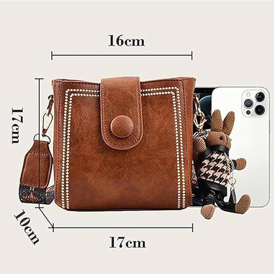 Bolsa Feminina Transversal Quadrada Vintage com Tachas, Alça Estampada e Chaveiro Ursinho - Image 2
