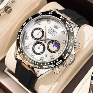 Relógio Masculino OLEVS Esportivo Luxo – Cronógrafo com Pulseira de Silicone e Fase da Lua