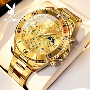 Relógio Masculino Playboy Dourado de Luxo – Cronógrafo Multifuncional com Fase da Lua