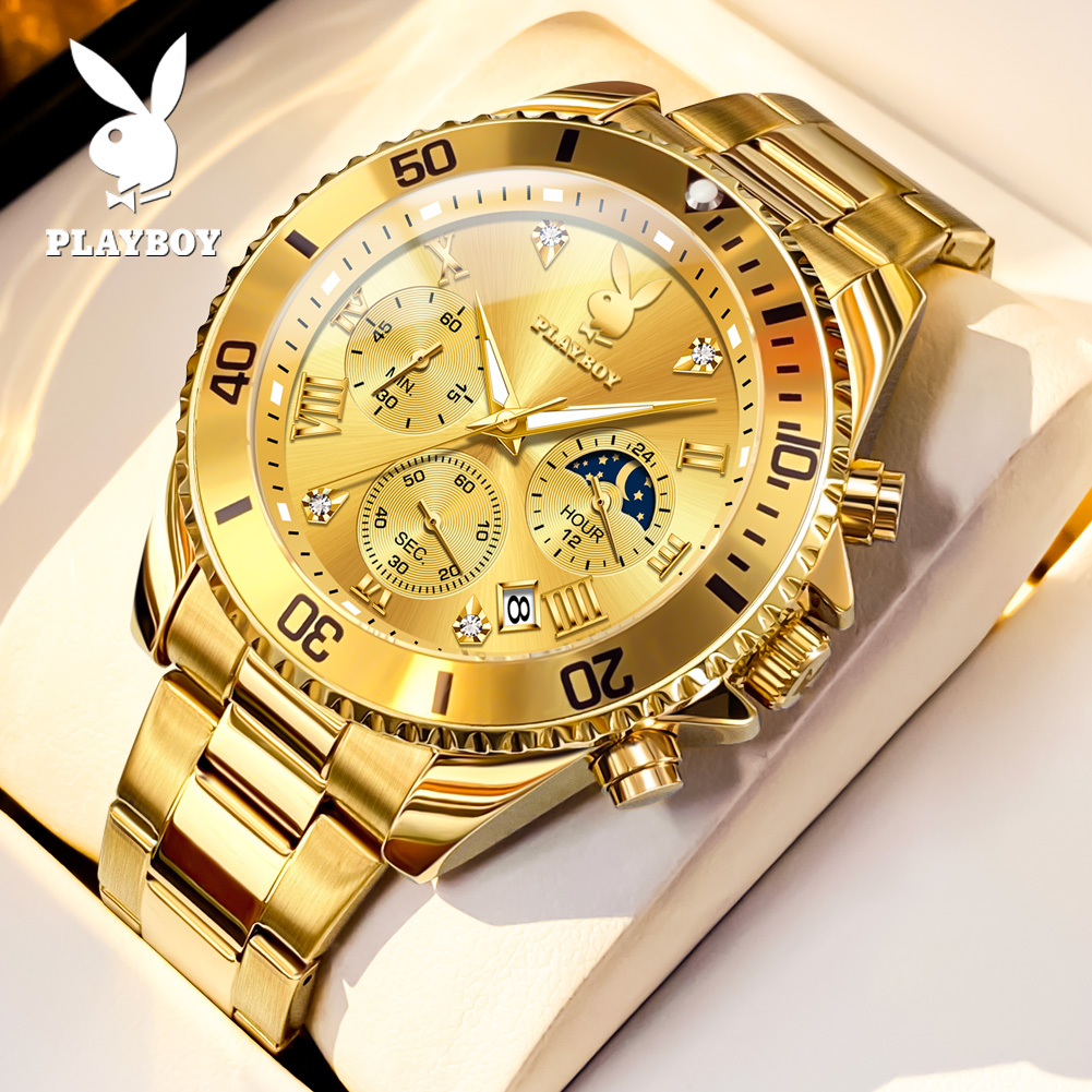 Relógio Masculino Playboy Dourado de Luxo – Cronógrafo Multifuncional com Fase da Lua