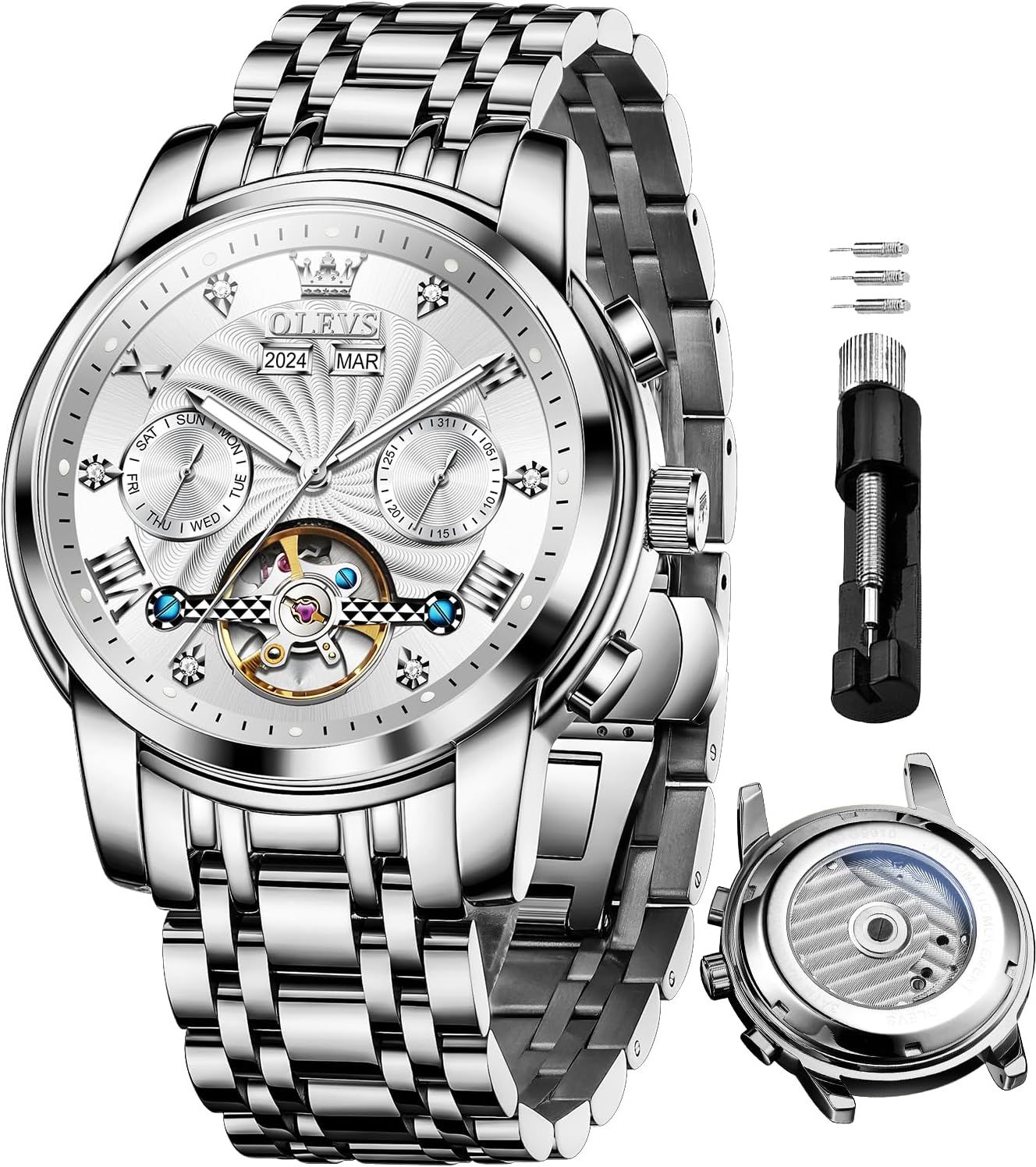 Relógio Masculino OLEVS Automático Prateado – Mecanismo Aparente com Mês, Ano e Calendário - Image 3