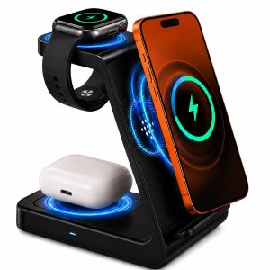 Carregador por Indução 3 em 1 Dobrável – Estação Magnética para iPhone, Apple Watch e AirPods