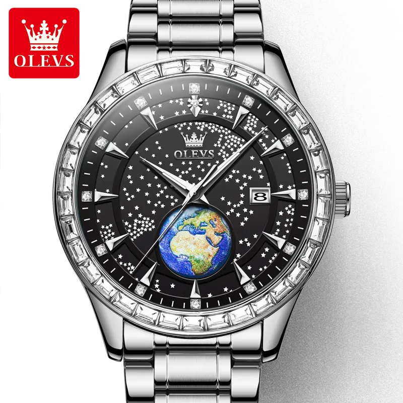 Relógio Masculino OLEVS Prateado Luxo – Mostrador Céu Estrelado com Globo 3D e Cristais Baguette - Image 4