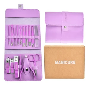 Kit Manicure e Pedicure Completo 16 Peças Aço Inox com Estojo de Couro Sintético Roxo