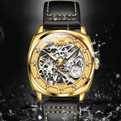 Relógio Masculino OLEVS Automático Esqueleto – Caixa Dourada e Pulseira de Couro Preta - Image 2