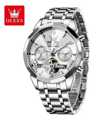 Relógio Masculino OLEVS Automático Prateado – Mecanismo Aparente com Mês, Ano e Calendário - Image 4