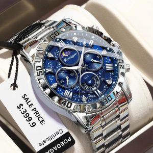 Relógio Masculino ONTHEEDGE 1853 Prateado – Cronógrafo Multifuncional com Fase da Lua e Detalhes em Azul