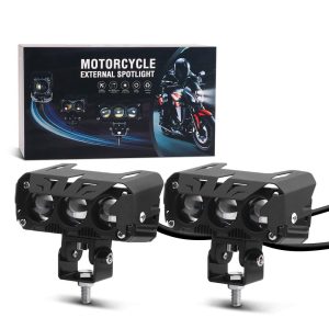 Farol Auxiliar de Milha LED Projetor Triplo com Lentes Olho de Peixe e Grade de Proteção para Motos e Quadriciclos