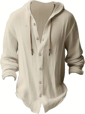 Camisa Masculina de Linho Leve com Capuz e Botões – Estilo Casual / Praiano
