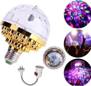 Lâmpada LED Giratória RGB Bola de Discoteca com Soquete E27 e Adaptador Flexível de Tomada