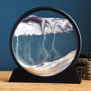 Quadros de Areia Dinâmica 3D em Vidro Circular com Moldura e Base Suporte (Moving Sand Art)