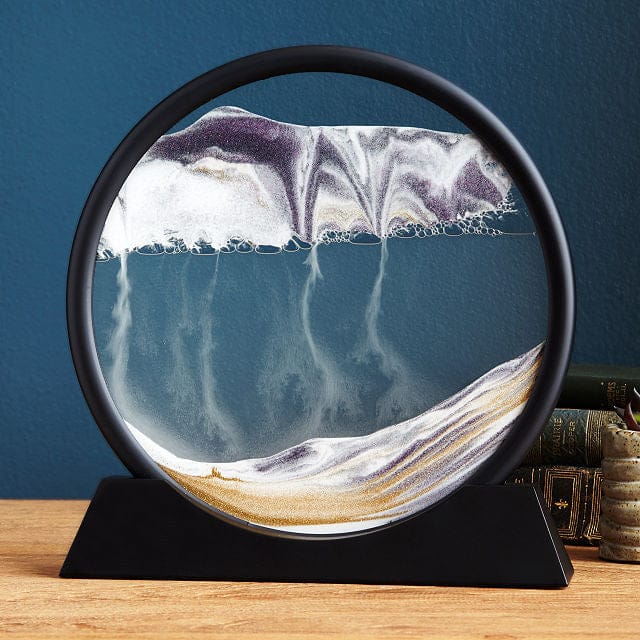 Quadros de Areia Dinâmica 3D em Vidro Circular com Moldura e Base Suporte (Moving Sand Art)