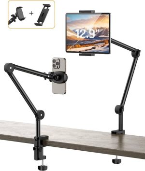 Suporte Articulado de Mesa em Alumínio para Tablet e Smartphone com Braço Articulado e Trava Morsa