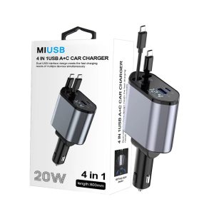 Carregador Veicular 4 em 1 Retrátil 20W com Display Voltagem LED e Portas USB/Type-C