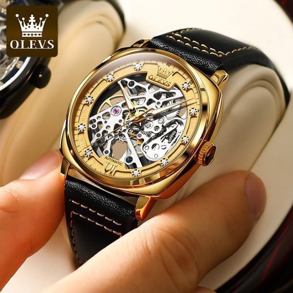 Relógio Masculino OLEVS Automático Esqueleto – Caixa Dourada e Pulseira de Couro Preta - Image 4