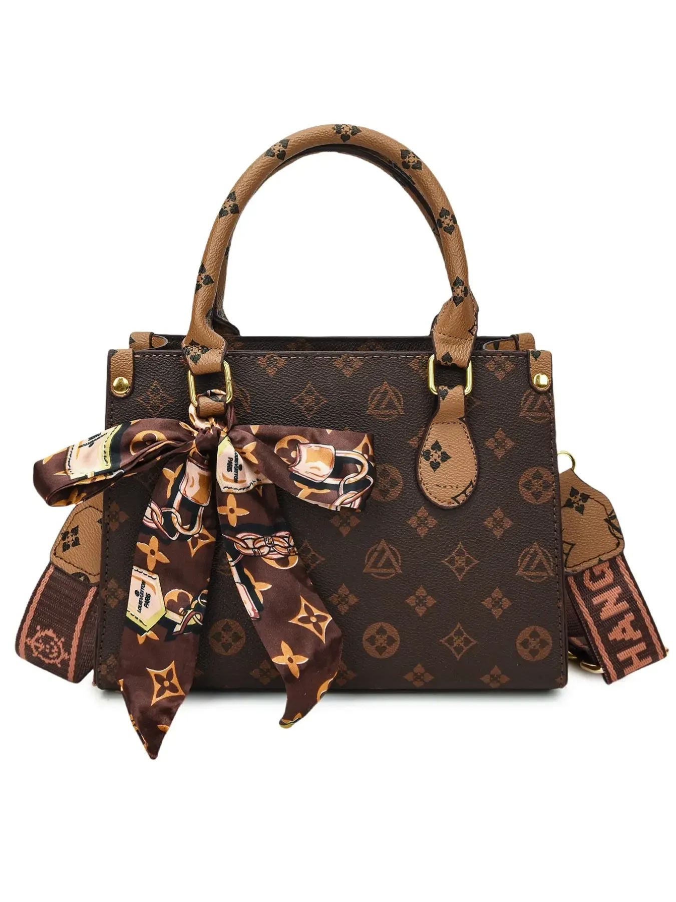 Bolsa Feminina Transversal e de Mão Estruturada com Lenço Decorativo e Alça Larga - Image 5