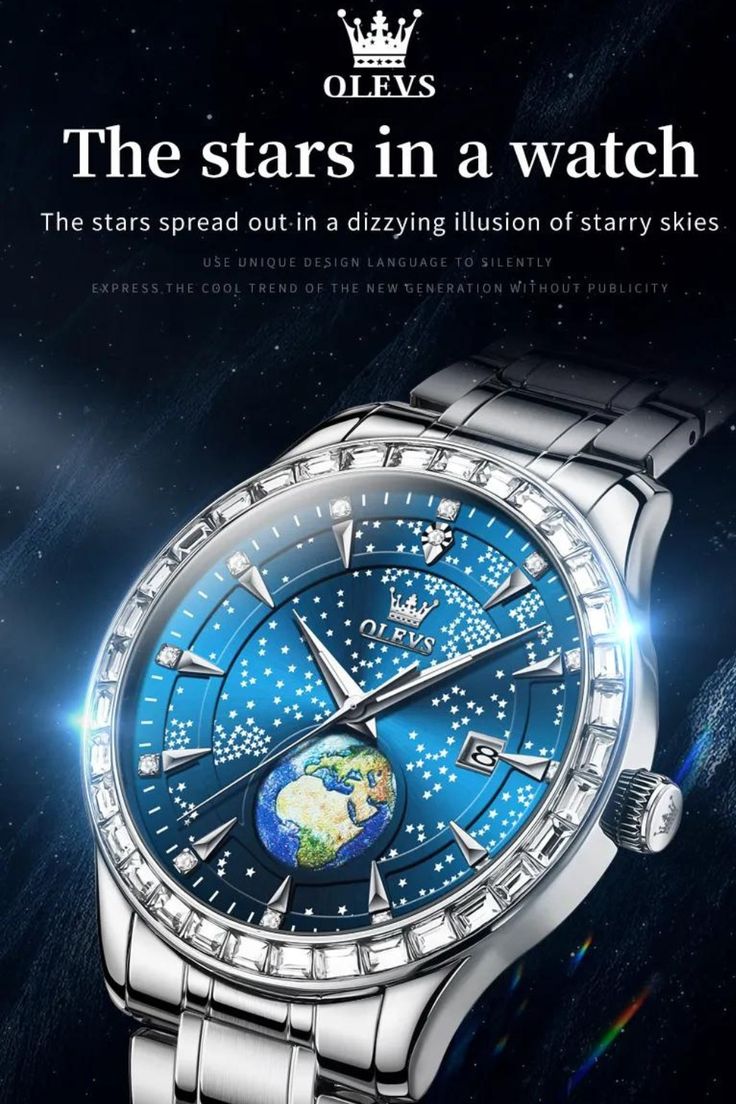 Relógio Masculino OLEVS Prateado Luxo – Mostrador Céu Estrelado com Globo 3D e Cristais Baguette - Image 3