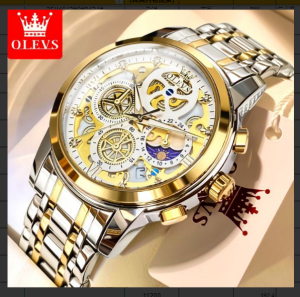 Masculino OLEVS Luxo Bicolor – Esqueleto Mecânico Multifuncional Prata e Dourado