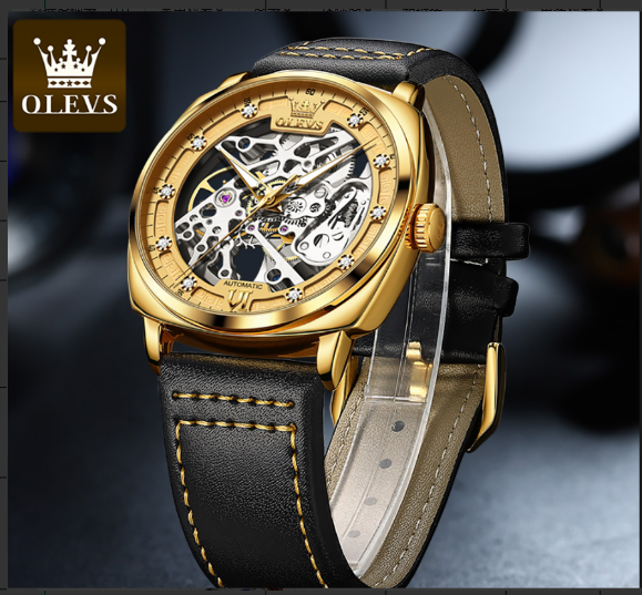 Relógio Masculino OLEVS Automático Esqueleto – Caixa Dourada e Pulseira de Couro Preta - Image 6