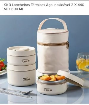 Marmita Térmica 3 Andares em Aço Inox com Alça Retrátil + Bolsa Térmica de Transporte