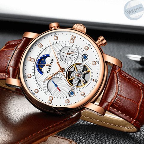 Relógio Masculino KINYUED Automático Rose Gold – Open Heart com Fase da Lua e Pulseira de Couro