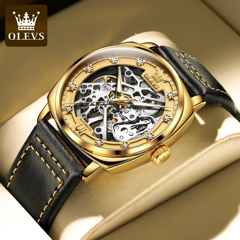 Relógio Masculino OLEVS Automático Esqueleto – Caixa Dourada e Pulseira de Couro Preta - Image 3