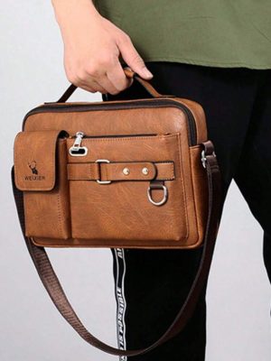 Bolsa Transversal Masculina WEIXIER em Couro Texturizado com Alça de Mão e Múltiplos Bolsos - Marrom Claro / Caramelo