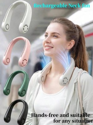 Mini Ventilador de Pescoço Portátil Bladeless sem Pás Recarregável USB com Display LED de Bateria e Ajuste de Velocidade 360° – Cor Rosa Pastel