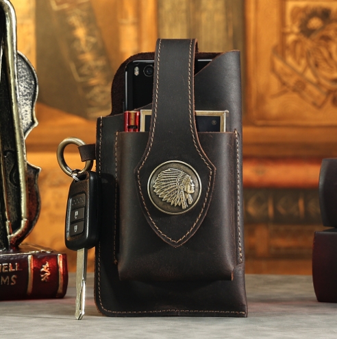 Capinha Pouch de Cinto Masculina em Couro Legítimo Vintage para Smartphone com Porta-Cartões e Chaveiro - Caramelo - Image 5