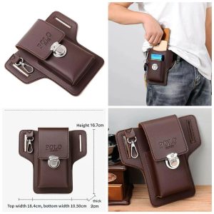 Capinha Pouch de Cinto Masculina em Couro POLO DINUO para Smartphone com Fecho Metálico - Marrom Escuro
