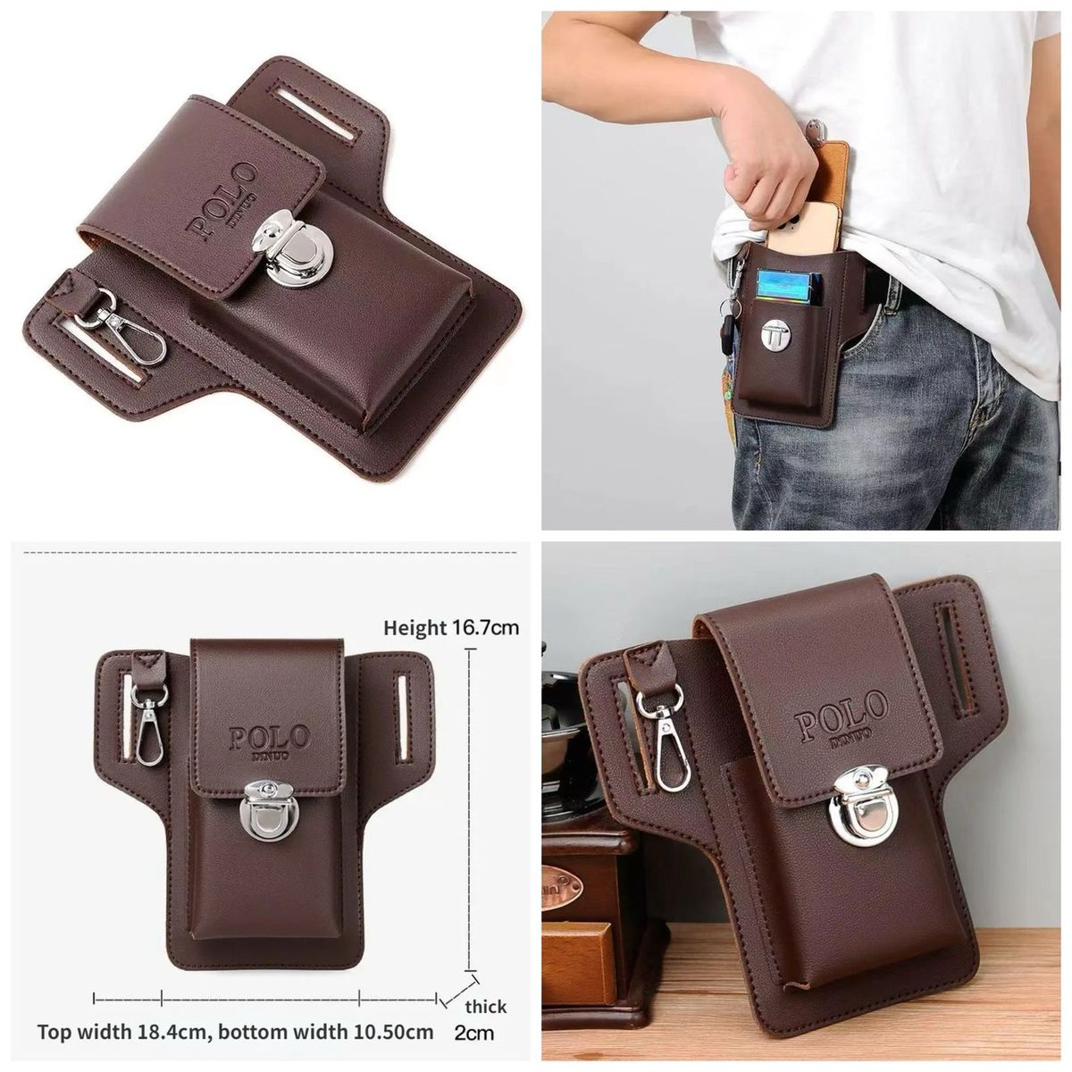 Capinha Pouch de Cinto Masculina em Couro POLO DINUO para Smartphone com Fecho Metálico - Marrom Escuro