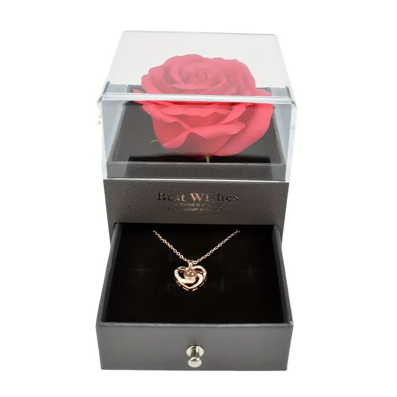 Kit Presente Romântico Luxo Caixa Porta-Joias com Rosa Real Preservada, Colar Projeção "Eu Te Amo" em 100 Idiomas e Par de Brincos Ponto de Luz - Image 5