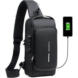 Mochila Transversal Sling Bag Antifurto com Trava de Senha e Porta USB - Preta