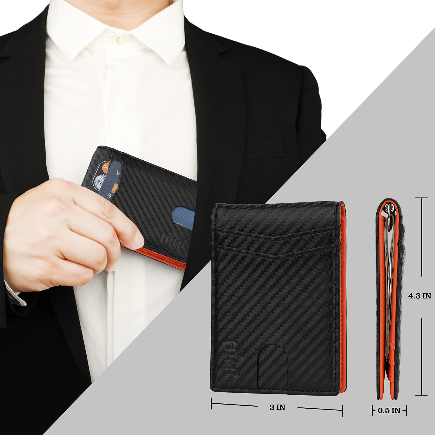 Carteira Masculina Slim Textura Fibra de Carbono com Interior Laranja e Porta-Cartões Externo - Preta - Image 8