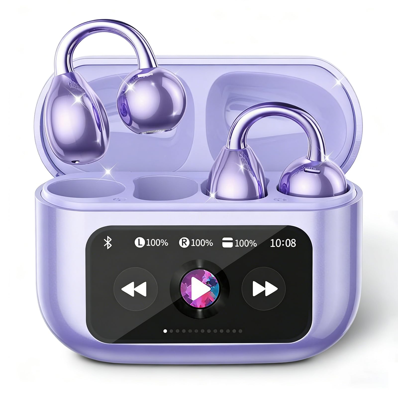 Auscultadores Bluetooth Clip-On TWS com Ecrã Tátil LED na Caixa (Roxo)