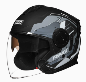 Capacete Aberto para Moto RNG Helmets com Dupla Viseira (Solar Interna e Transparente) - Design Esportivo Grafite/Preto